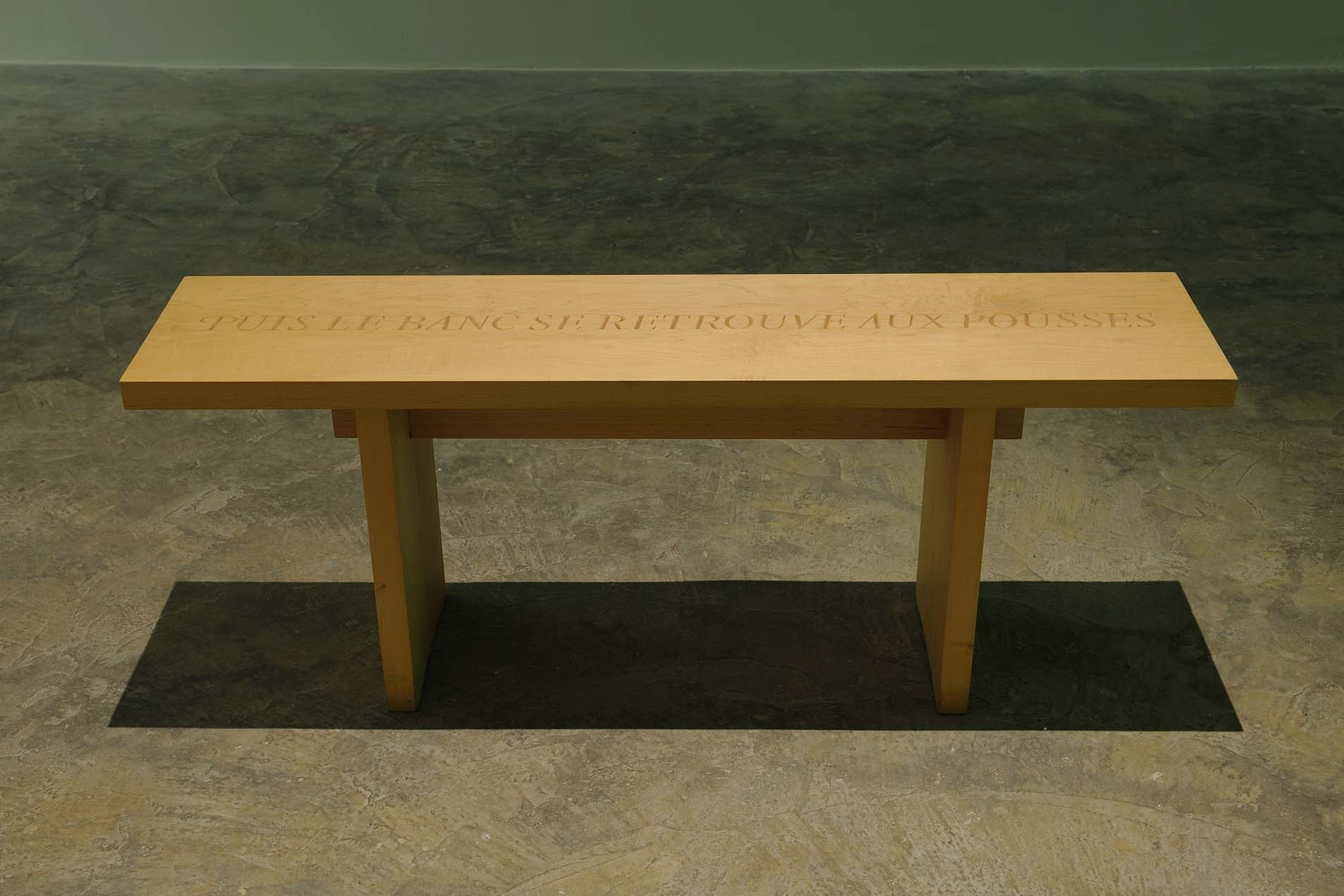 Puis le banc se retrouve aux pousses, 1997 with Caroline Webb, Wooden bench, 40 x 114 x 26 cm, Unique