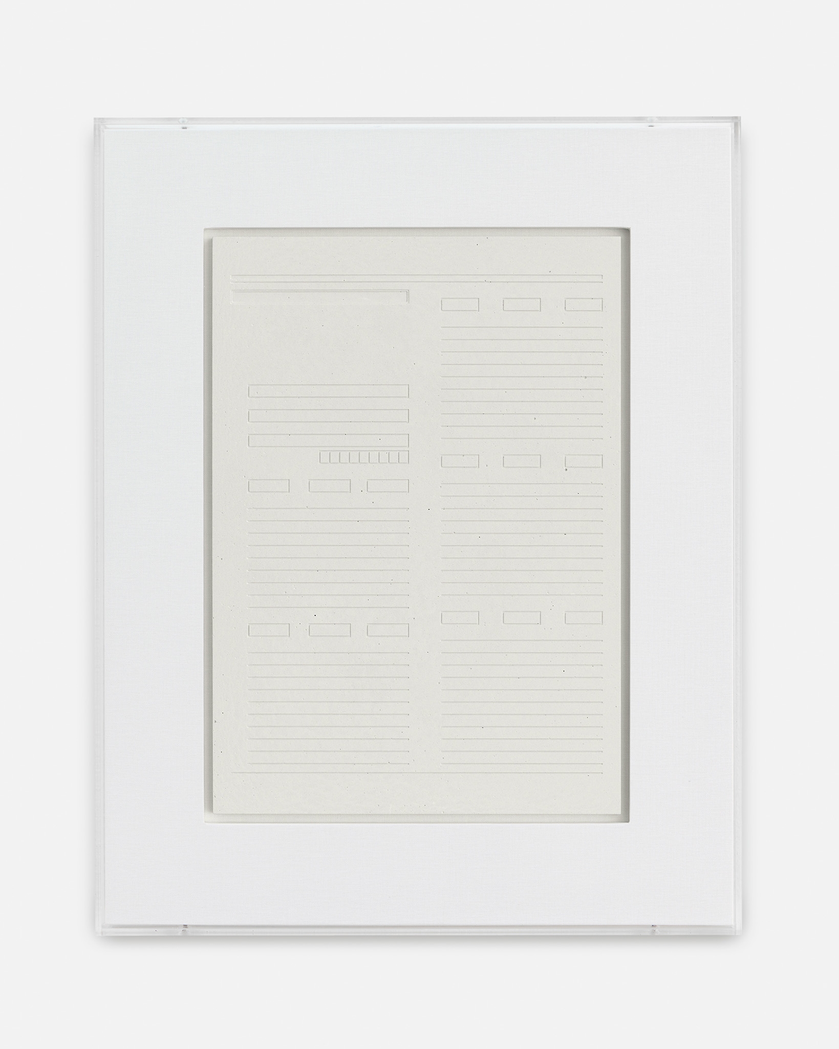 Sung Tieu, Grid form I-602, 2022, Plaster, framed in linen on wood and perspex, Exhibition view MUDAM Luxembourg, 2022