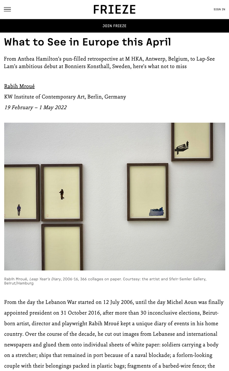 "What to See in Europe this April" featuring Rabih Mroué's solo show at KW Institute of Contemporary Art | via FRIEZE on April 1, 2022