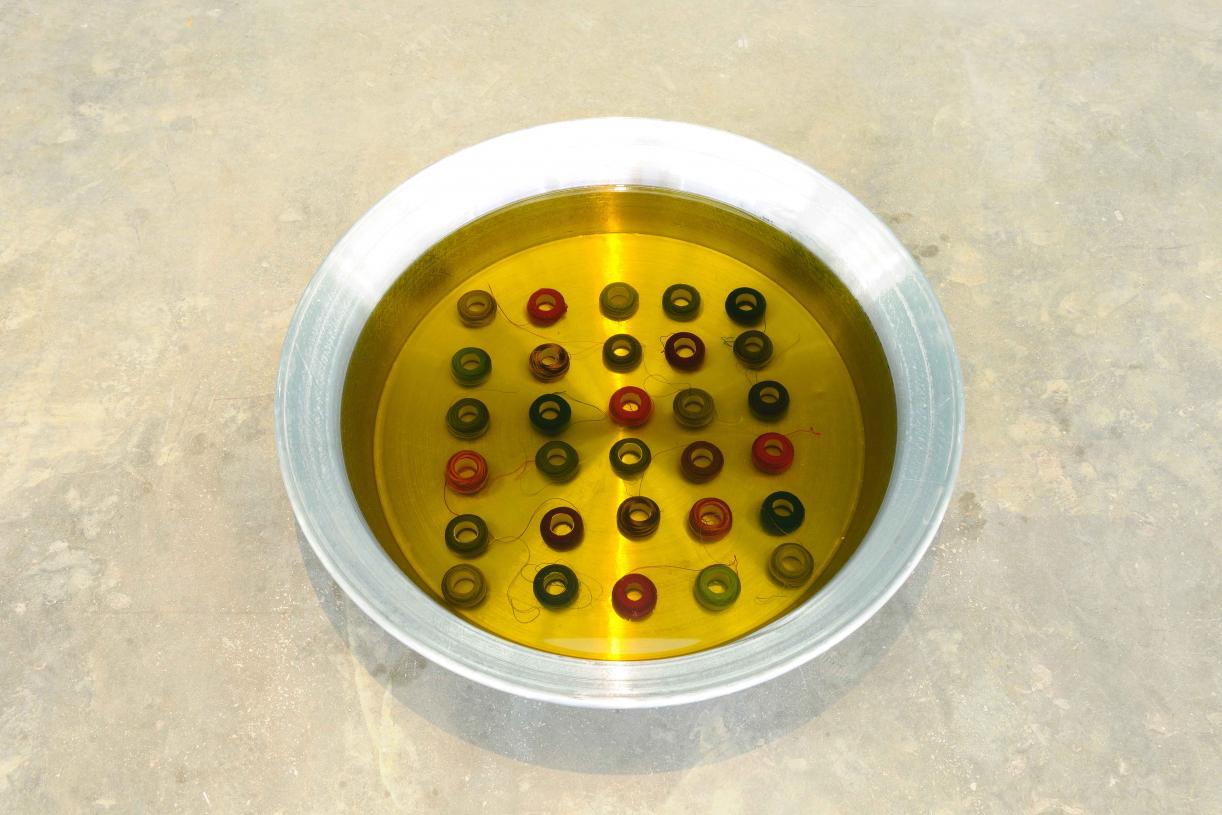 Incubation, 1995 - 2017, Round metal pot, olive oil, embroidery threads, Variable dimensions, Ed. 3 + 2 AP