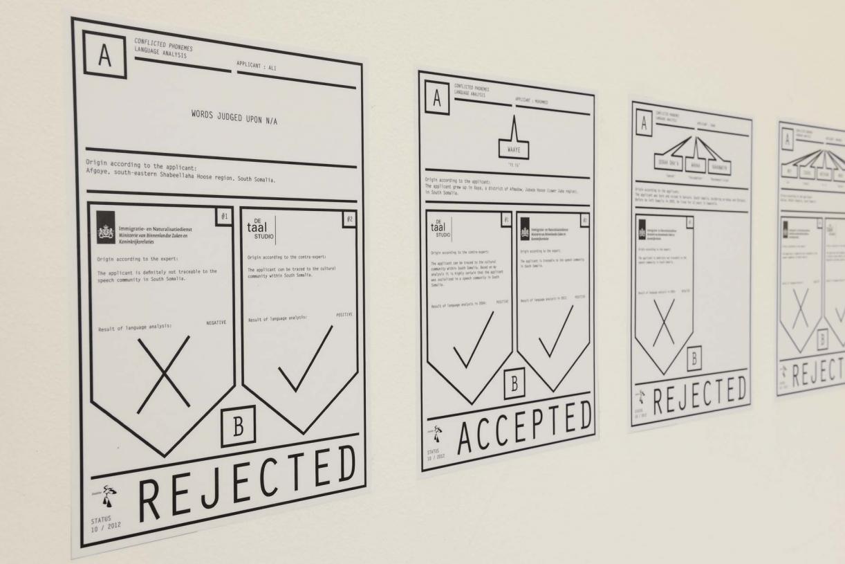 Conflicted Phonemes, 2012,  Timeline: Vinyl wallprint 267 x 205 cm,  Individual voice-maps, A4 black and white: vinyl wall prints & take away copies printed on embossed paper on a shelf. Wall print 265 x 205 cm; A4 papers 21 x 29.7 cm. Ed. 5 + 2 AP. Installation View, Sfeir-Semler Gallery Beirut, 2017