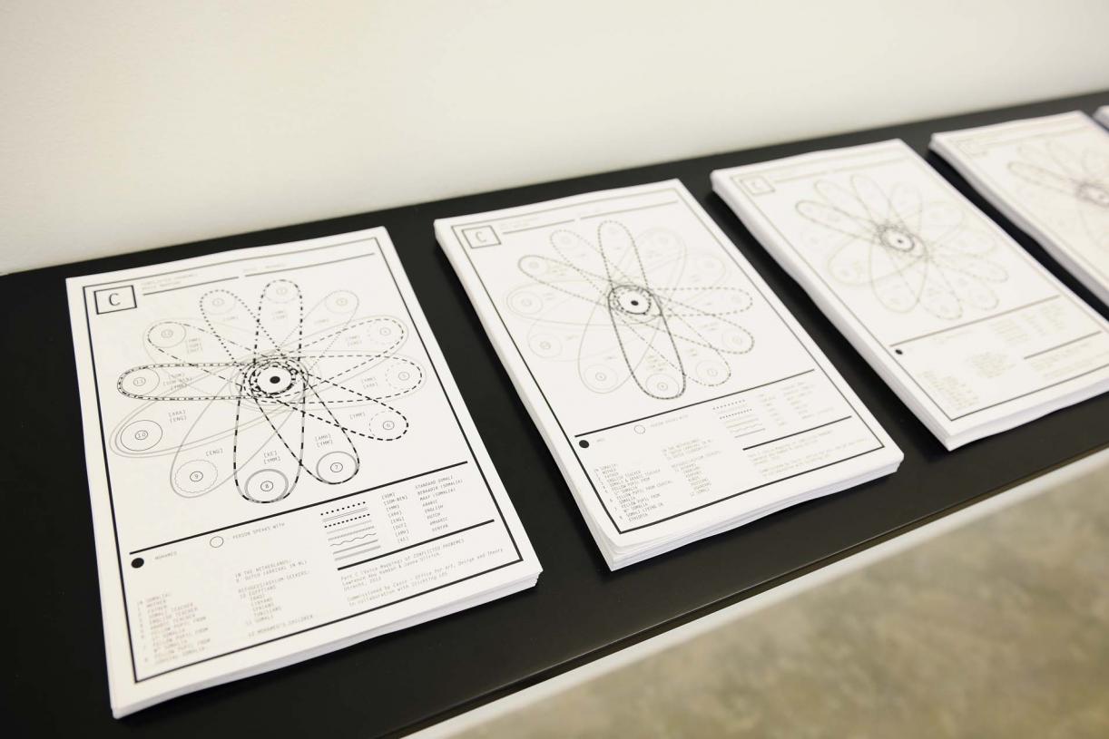 Conflicted Phonemes, 2012,  Timeline: Vinyl wallprint 267 x 205 cm,  Individual voice-maps, A4 black and white: vinyl wall prints & take away copies printed on embossed paper on a shelf. Wall print 265 x 205 cm; A4 papers 21 x 29.7 cm. Ed. 5 + 2 AP. Installation View, Sfeir-Semler Gallery Beirut, 2017
