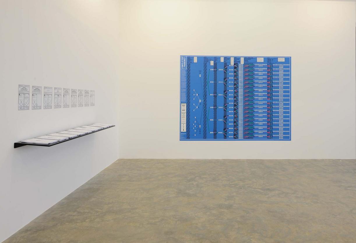 Conflicted Phonemes, 2012,  Timeline: Vinyl wallprint 267 x 205 cm,  Individual voice-maps, A4 black and white: vinyl wall prints & take away copies printed on embossed paper on a shelf. Wall print 265 x 205 cm; A4 papers 21 x 29.7 cm. Ed. 5 + 2 AP. Installation View, Sfeir-Semler Gallery Beirut, 2017