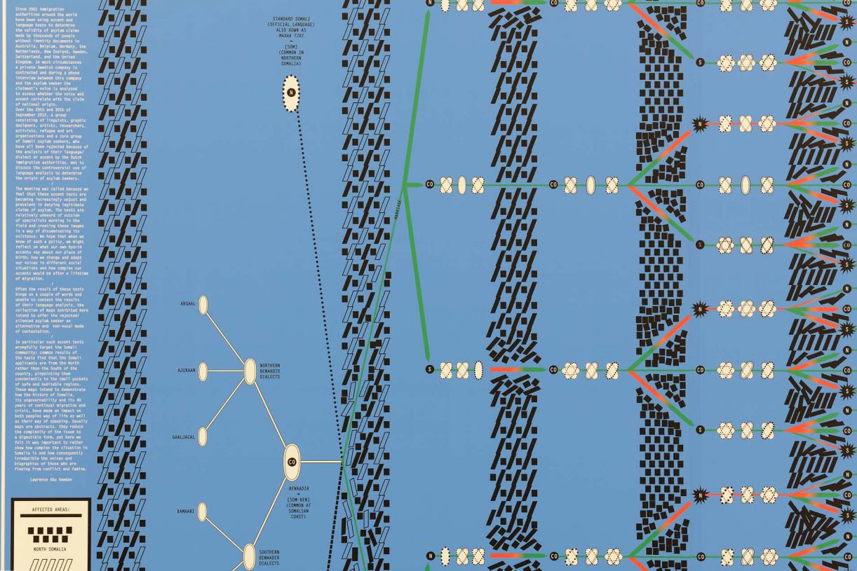 Conflicted Phonemes, 2012,  Timeline: Vinyl wallprint 267 x 205 cm,  Individual voice-maps, A4 black and white: vinyl wall prints & take away copies printed on embossed paper on a shelf. Wall print 265 x 205 cm; A4 papers 21 x 29.7 cm. Ed. 5 + 2 AP. Installation View, Sfeir-Semler Gallery Beirut, 2017