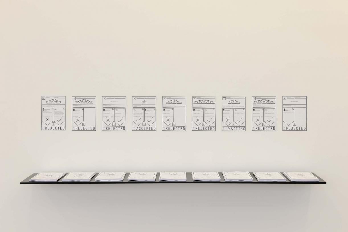 Conflicted Phonemes, 2012,  Timeline: Vinyl wallprint 267 x 205 cm,  Individual voice-maps, A4 black and white: vinyl wall prints & take away copies printed on embossed paper on a shelf. Wall print 265 x 205 cm; A4 papers 21 x 29.7 cm. Ed. 5 + 2 AP. Installation View, Sfeir-Semler Gallery Beirut, 2017