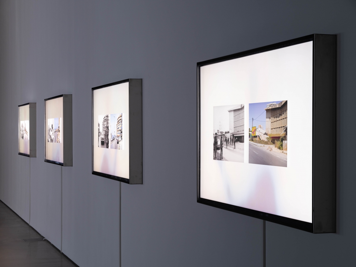 Lawrence Abu Hamdan, Shot Twice (With the Same Bullet), 2021, 8 flatscreens with aluminium frame, mounted photos, 125 x 73 x 8,5 cm, Edition of 6 + 2 AP, Installation view Bonnie’s Konsthall 2021