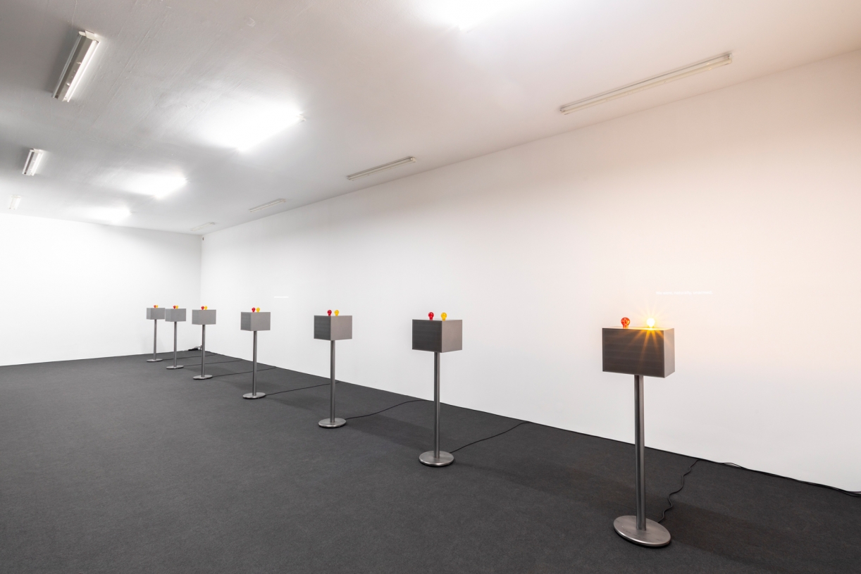 Lawrence Abu Hamdan, The Witness-Machine Complex, 2021, 7 steel stands, 7 video projections, 7 audio channels, 14 light bulbs, Various dimensions, Edition 6 + 2 AP, Installation view Kunstverein Nürnberg 2021