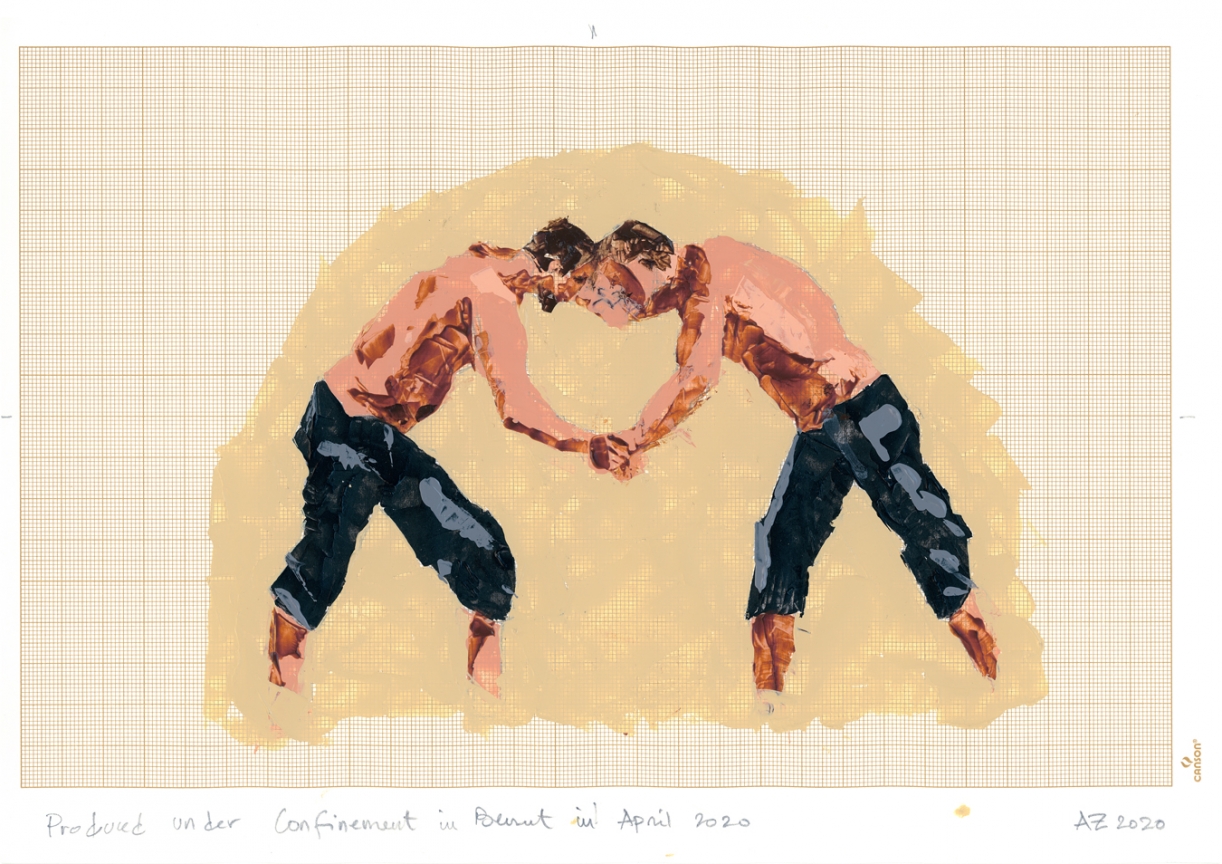 Akram Zaatari, Wrestlers03, 2020, Acrylic on paper, 21 x 27.7 cm. Courtesy the artist and Sfeir-Semler Gallery Beirut/Hamburg