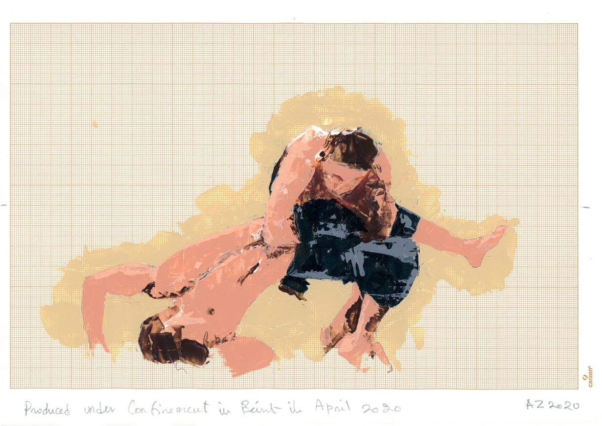 Akram Zaatari, Wrestlers04, 2020, Acrylic on paper, 21 x 27.7 cm. Courtesy the artist and Sfeir-Semler Gallery Beirut/Hamburg