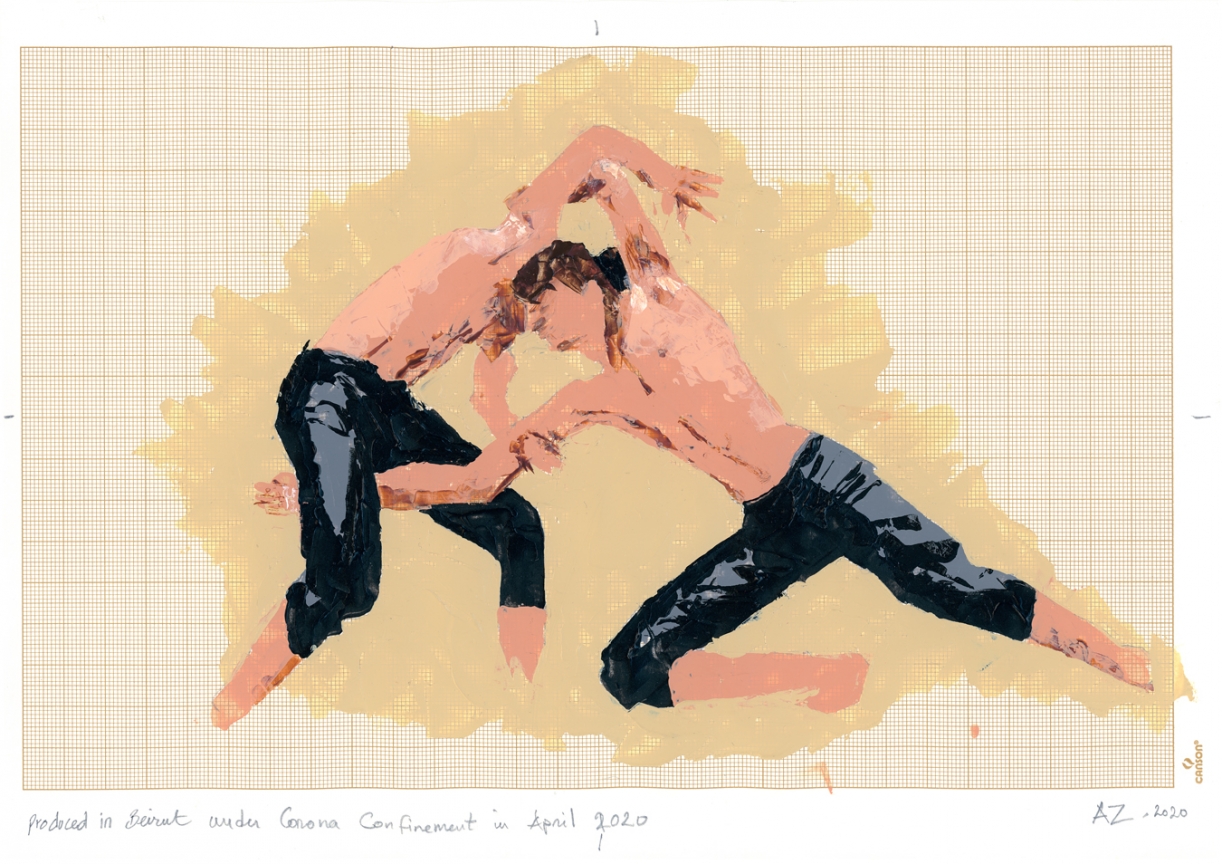 Akram Zaatari, Wrestlers05, 2020, Acrylic on paper, 21 x 27.7 cm. Courtesy the artist and Sfeir-Semler Gallery Beirut/Hamburg