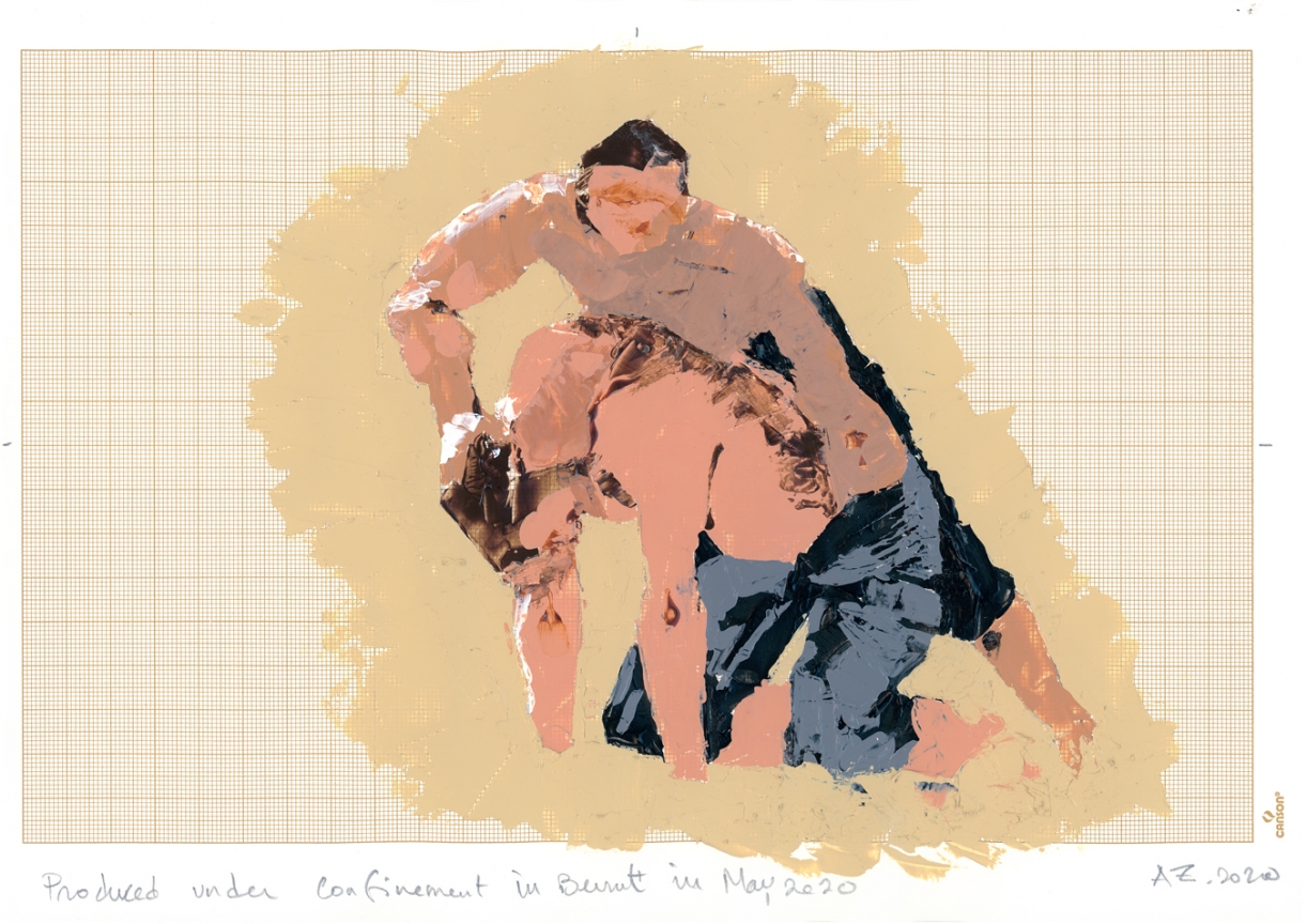 Akram Zaatari, Wrestlers06, 2020, Acrylic on paper, 21 x 27.7 cm. Courtesy the artist and Sfeir-Semler Gallery Beirut/Hamburg