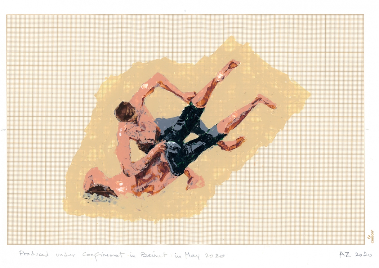 Akram Zaatari, Wrestlers07, 2020, Acrylic on paper, 21 x 27.7 cm. Courtesy the artist and Sfeir-Semler Gallery Beirut/Hamburg
