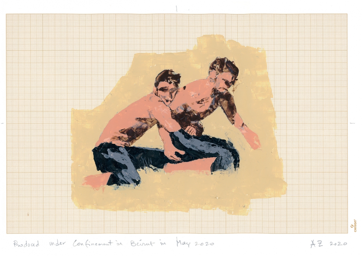 Akram Zaatari, Wrestlers08, 2020, Acrylic on paper, 21 x 27.7 cm. Courtesy the artist and Sfeir-Semler Gallery Beirut/Hamburg