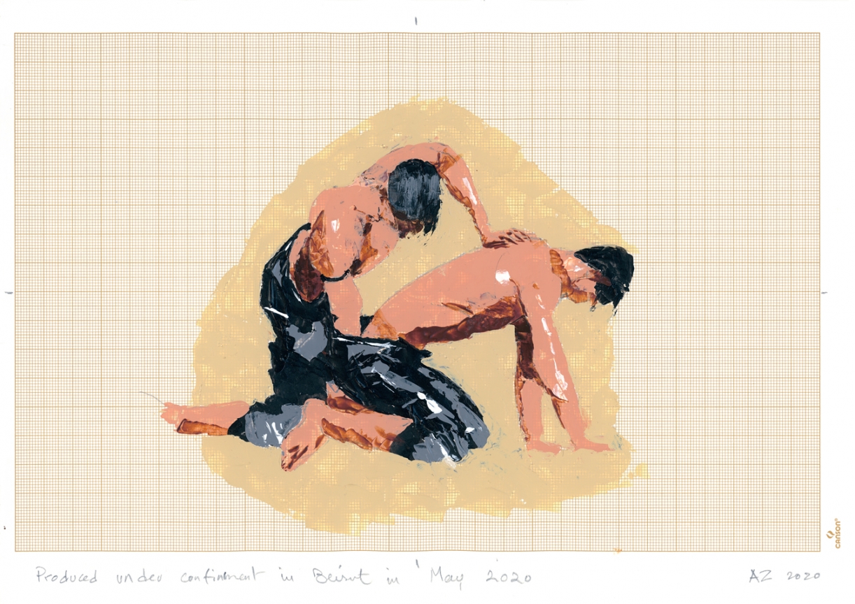 Akram Zaatari, Wrestlers09, 2020, Acrylic on paper, 21 x 27.7 cm. Courtesy the artist and Sfeir-Semler Gallery Beirut/Hamburg