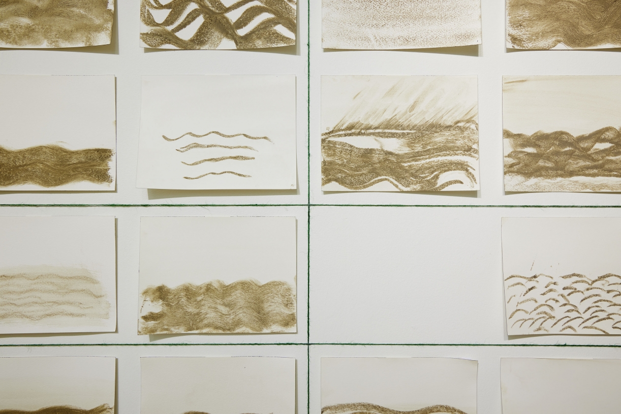 Dineo Seshee Bopape, Master Harmoniser, 2020 (detail), Drawings, clay and soil on watercolour paper, Courtesy the bakgethwa ancestors, Installation view: Artes Mundi 9. Photography: Polly Thomas