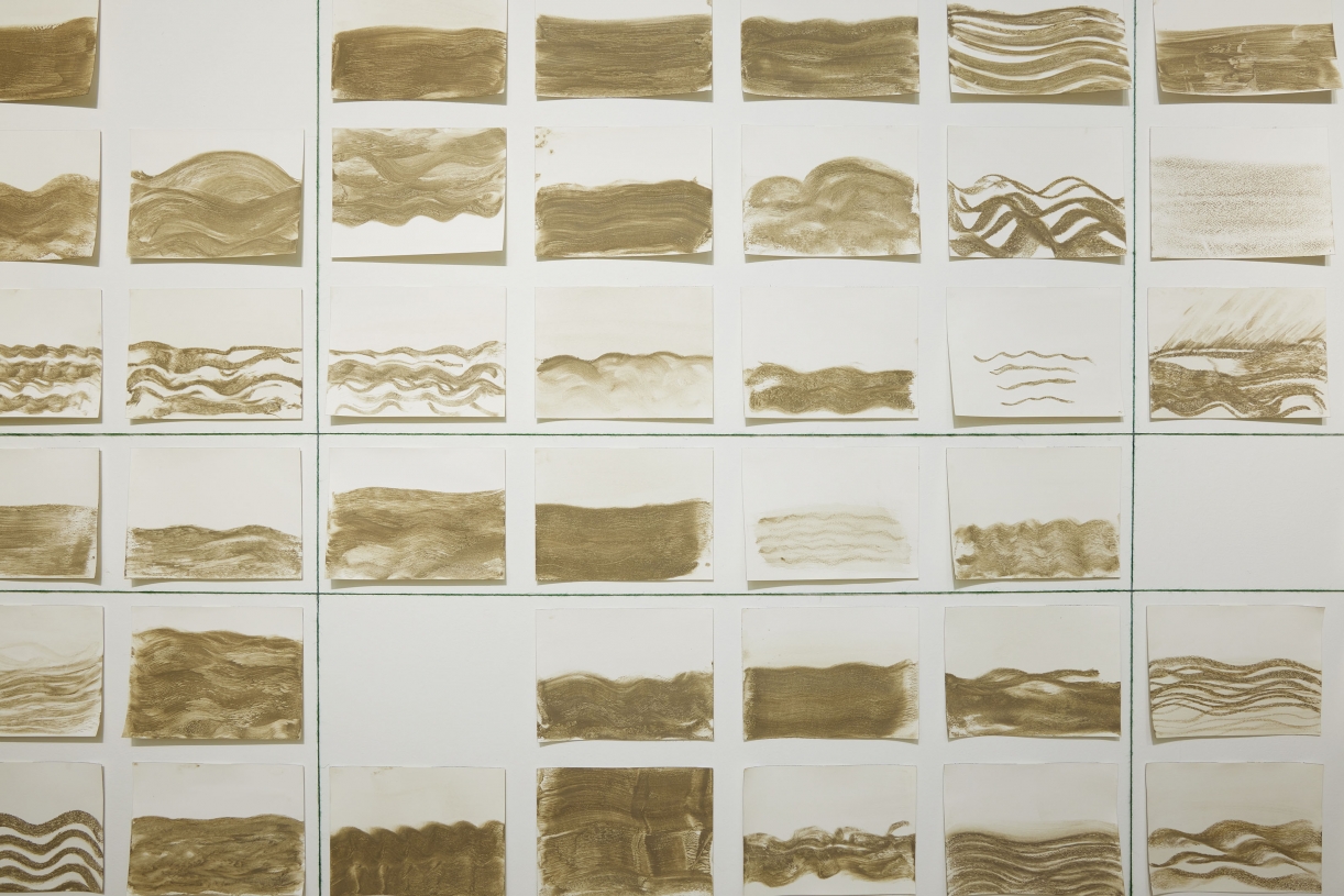 Dineo Seshee Bopape, Master Harmoniser, 2020 (detail), Drawings, clay and soil on watercolour paper, Courtesy the bakgethwa ancestors, Installation view: Artes Mundi 9. Photography: Polly Thomas