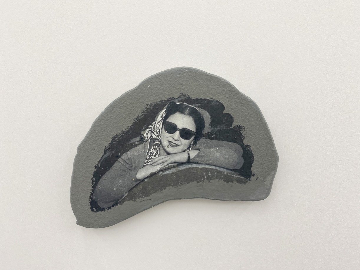 Akram Zaatari, Footnotes to Hashem el Madani’s Studio Practices #9, 2018, Print transfer on gypsum board, 15 x 19 cm