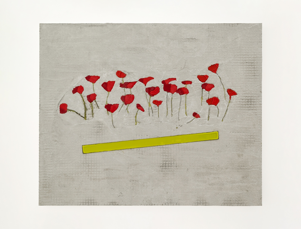 Poppy Flowers, 2024, Grout, beeswax, oil paint on aluminum, 89 × 109 cm