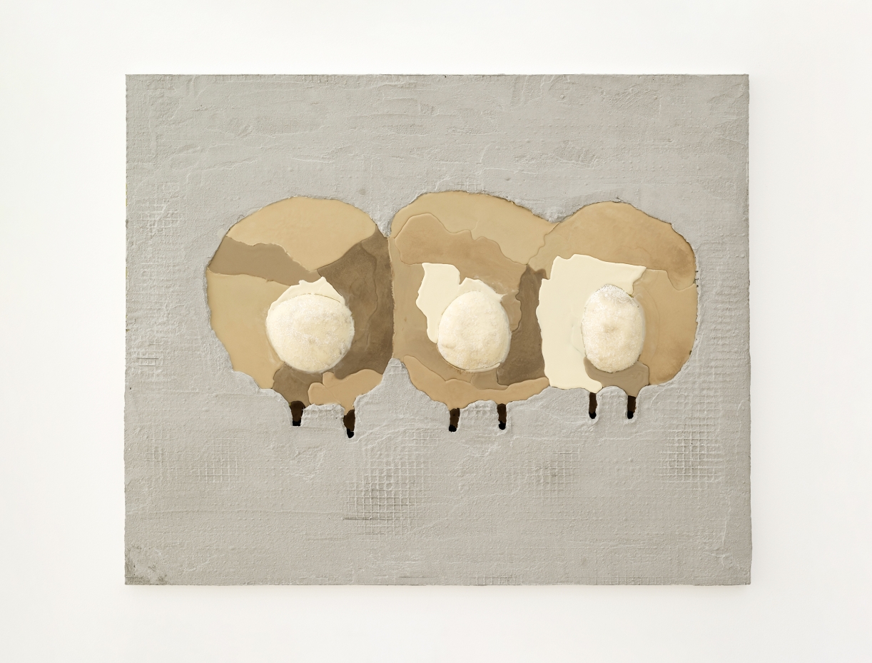 Sheeps, 2024, Grout, beeswax, oil paint on aluminum, 89 × 109 cm