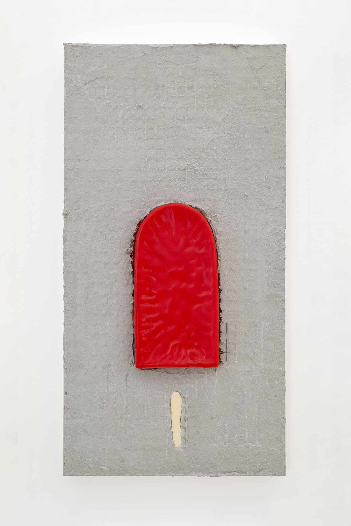Strawberry, 2024, Grout, beeswax, oil paint on aluminum, 54,5 × 28 cm