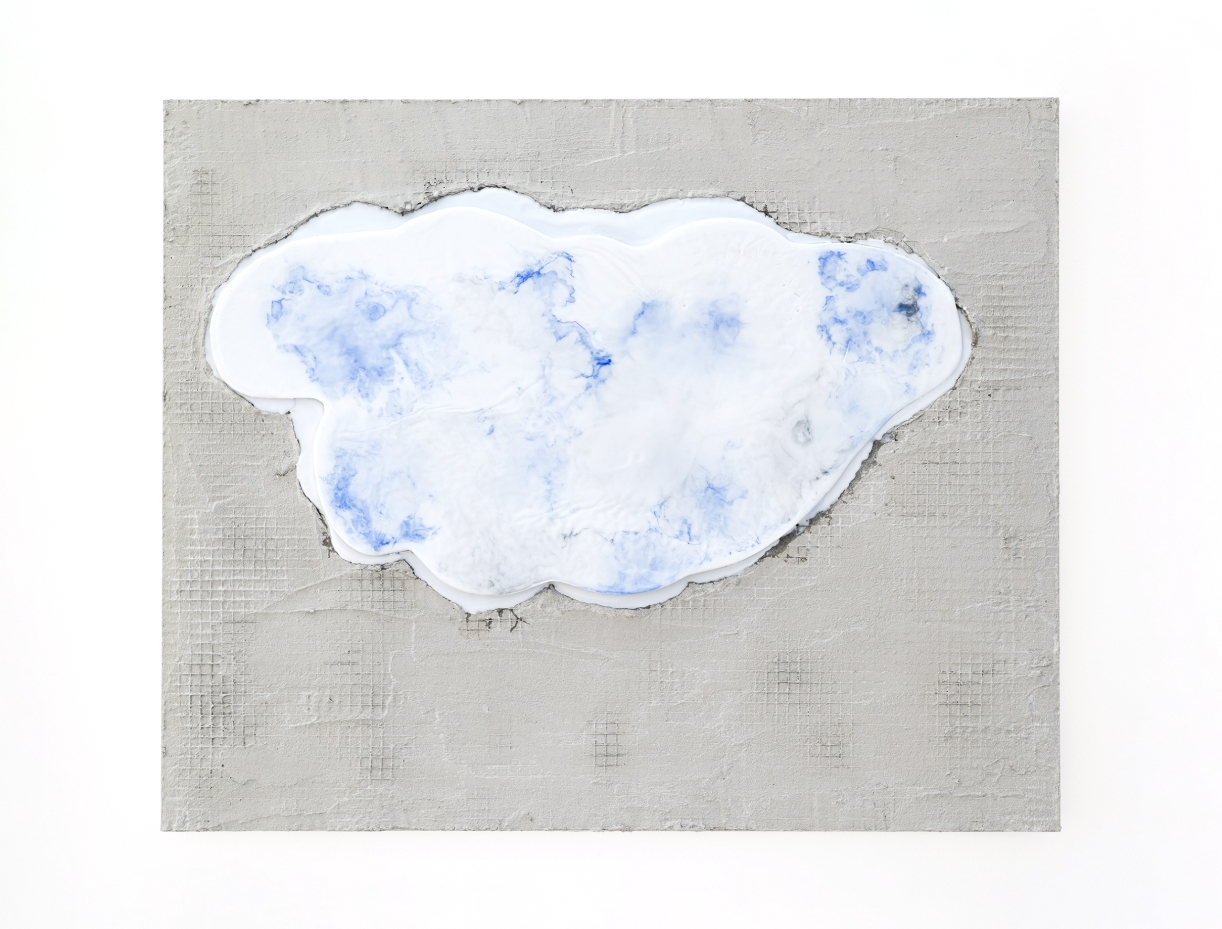 Blue Cloud, 2024, Grout, beeswax, oil paint on aluminum, 89 × 109 cm