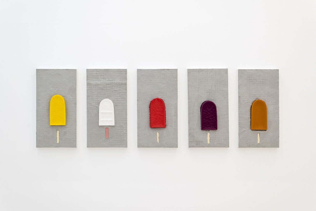 Lemon, Milk, Strawberry, Berries, Apricot, 2024, Grout, beeswax, oil paint on aluminum, 54,5 × 28 cm each