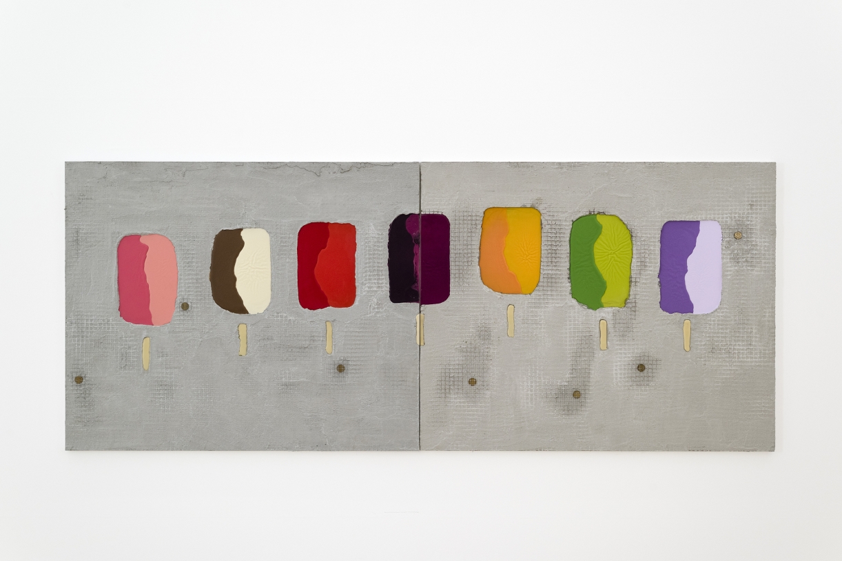 Ice Cream for a Dime, 2024, Grout, beeswax, oil paint and coins on aluminum, Diptych, 89 × 109 cm each