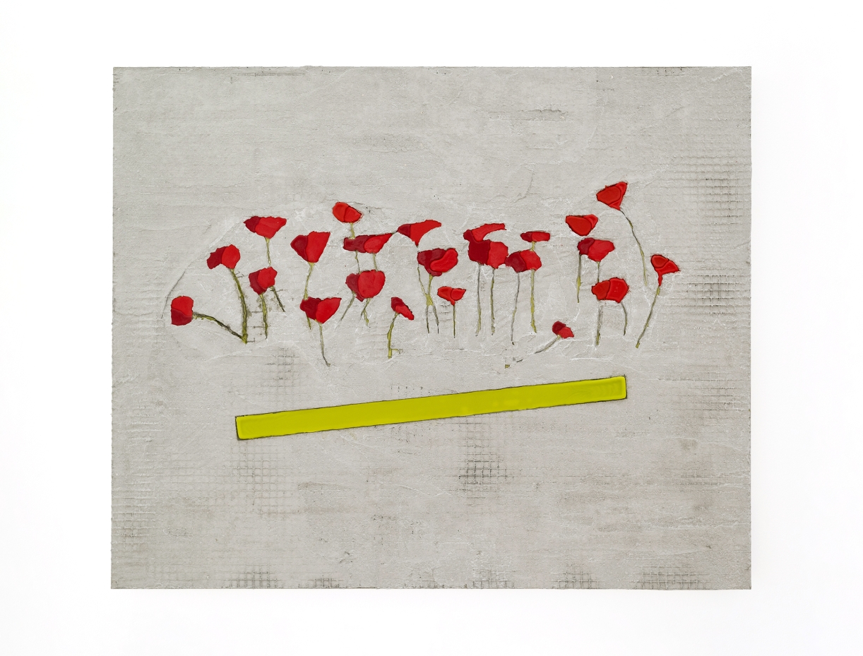 Poppy Flowers, 2024, Grout, beeswax, oil paint on aluminum, 89 × 109 cm