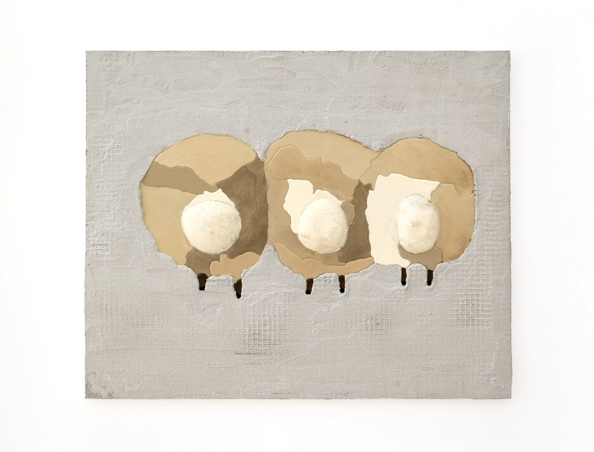 Sheeps, 2024, Grout, beeswax, oil paint on aluminum, 89 × 109 cm
