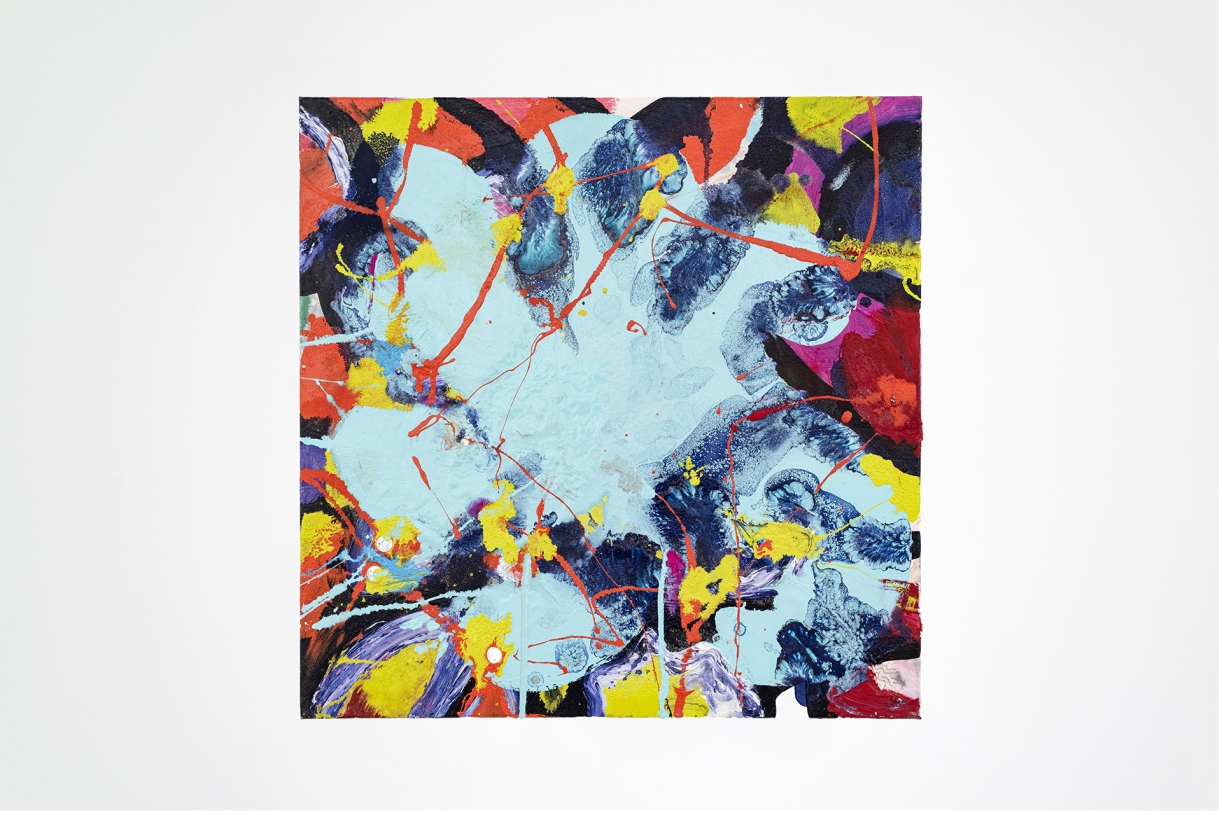 Blood Play, 2023 Oil, household gloss paint, rice flour and mirrors on canvas 61 × 61 cm