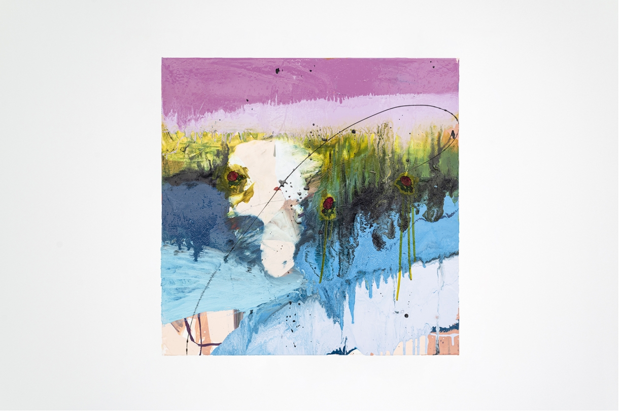 Edging, 2023 Oil, household gloss paint and fabric on canvas 61 × 61 cm