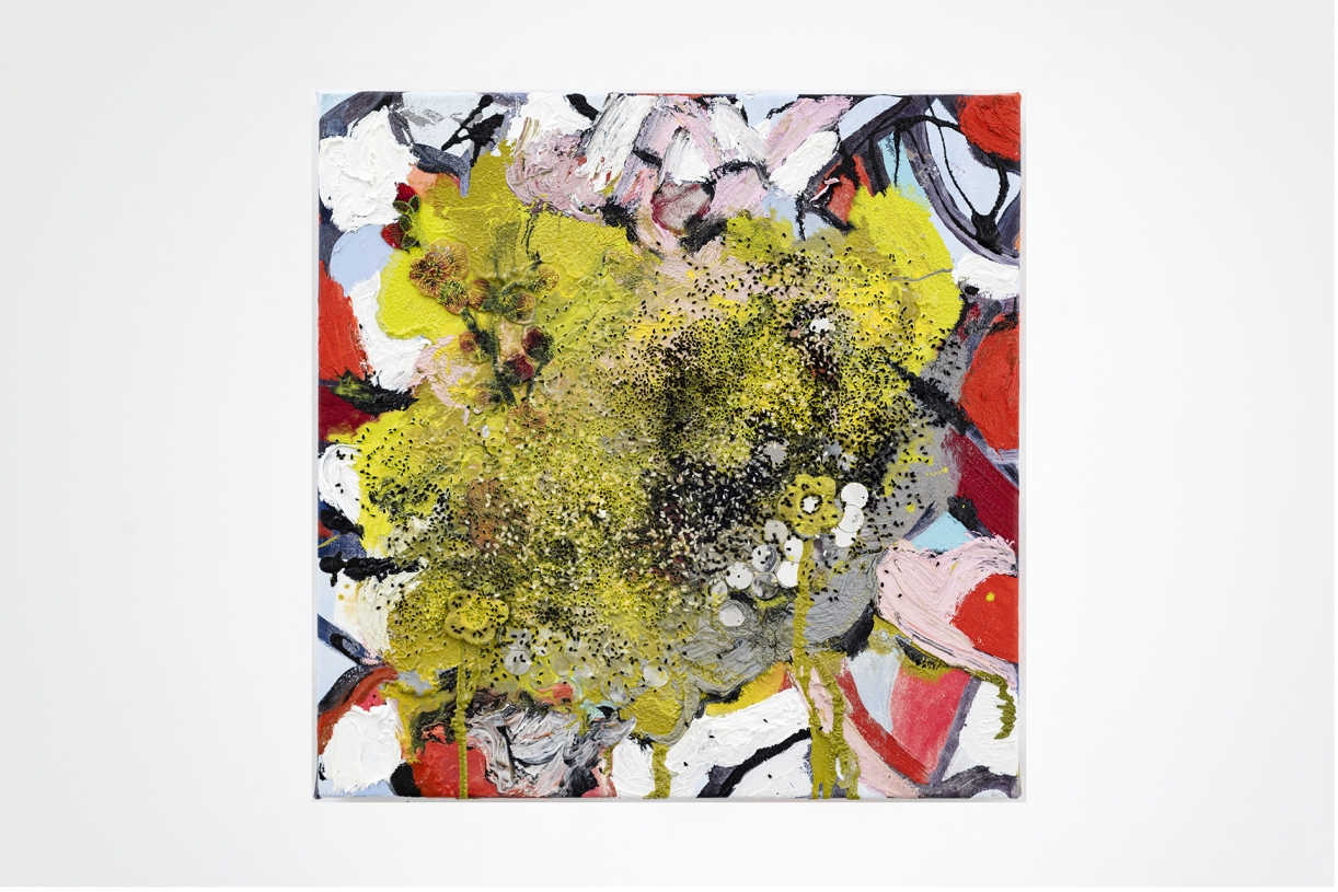 Microblading, 2023 Oil, household gloss paint, lace mirrors and sesame seed on canvas 40,6 × 40,6 cm
