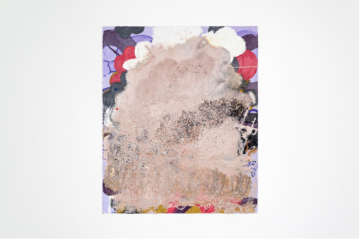 Razor Burn , 2023 Oil, household gloss paint, lace, and black seed on canvas 61 × 50,8 cm