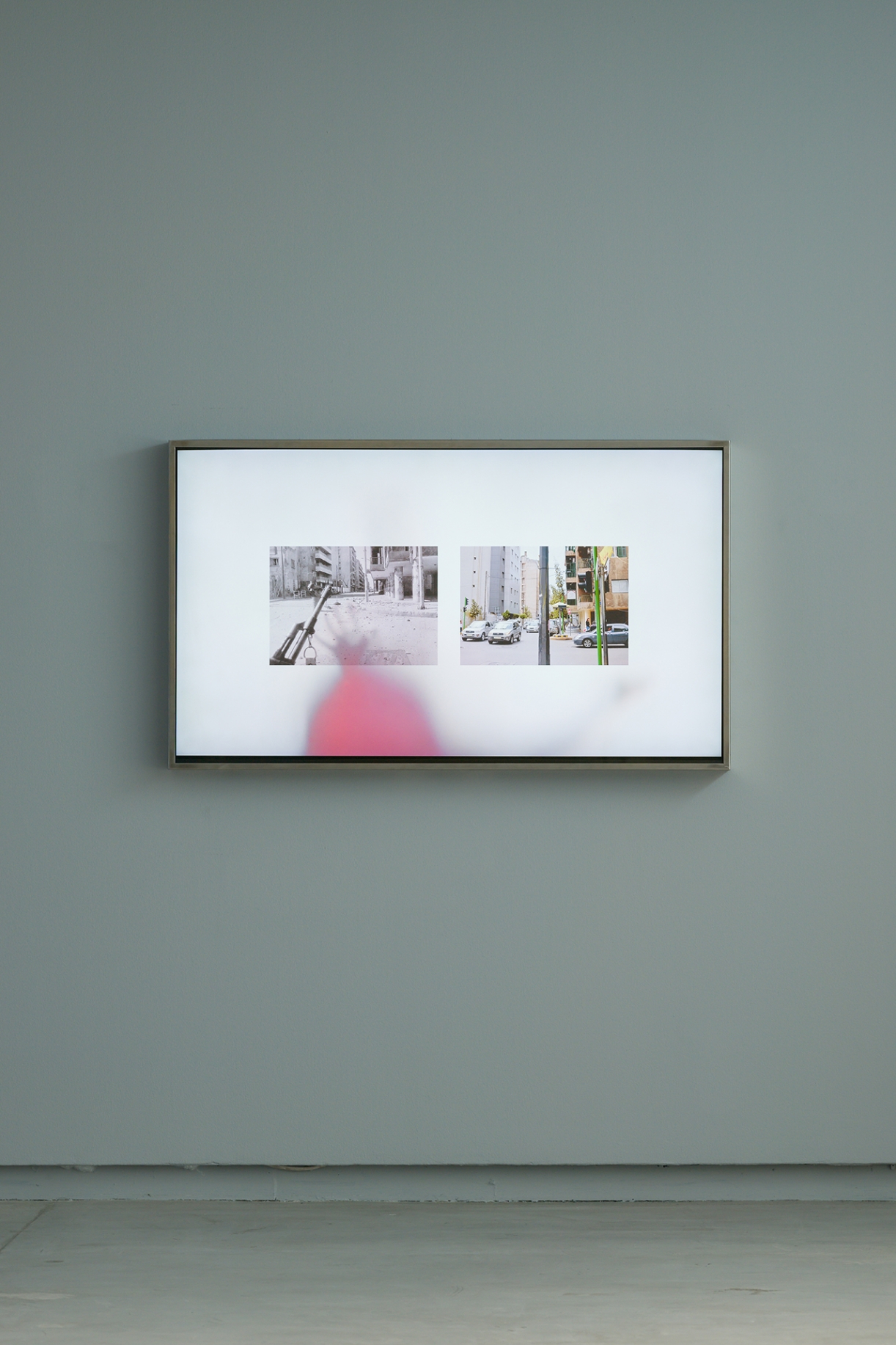 Shot Twice (With the Same Bullet), 2021. 8-channel video with colour and sound; 9 minutes, 8 light-boxes, digital prints on acrylic: 125 x 73 x 8.5 cm each. Installation view: The Sonic Image, Sharjah Art Foundation, 2022. Commissioned by Portikus, Frankfurt. 