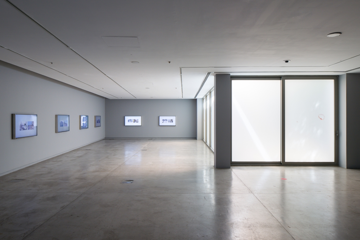 Shot Twice (With the Same Bullet), 2021. 8-channel video with colour and sound; 9 minutes, 8 light-boxes, digital prints on acrylic: 125 x 73 x 8.5 cm each. Installation view: The Sonic Image, Sharjah Art Foundation, 2022. Commissioned by Portikus, Frankfurt. 
