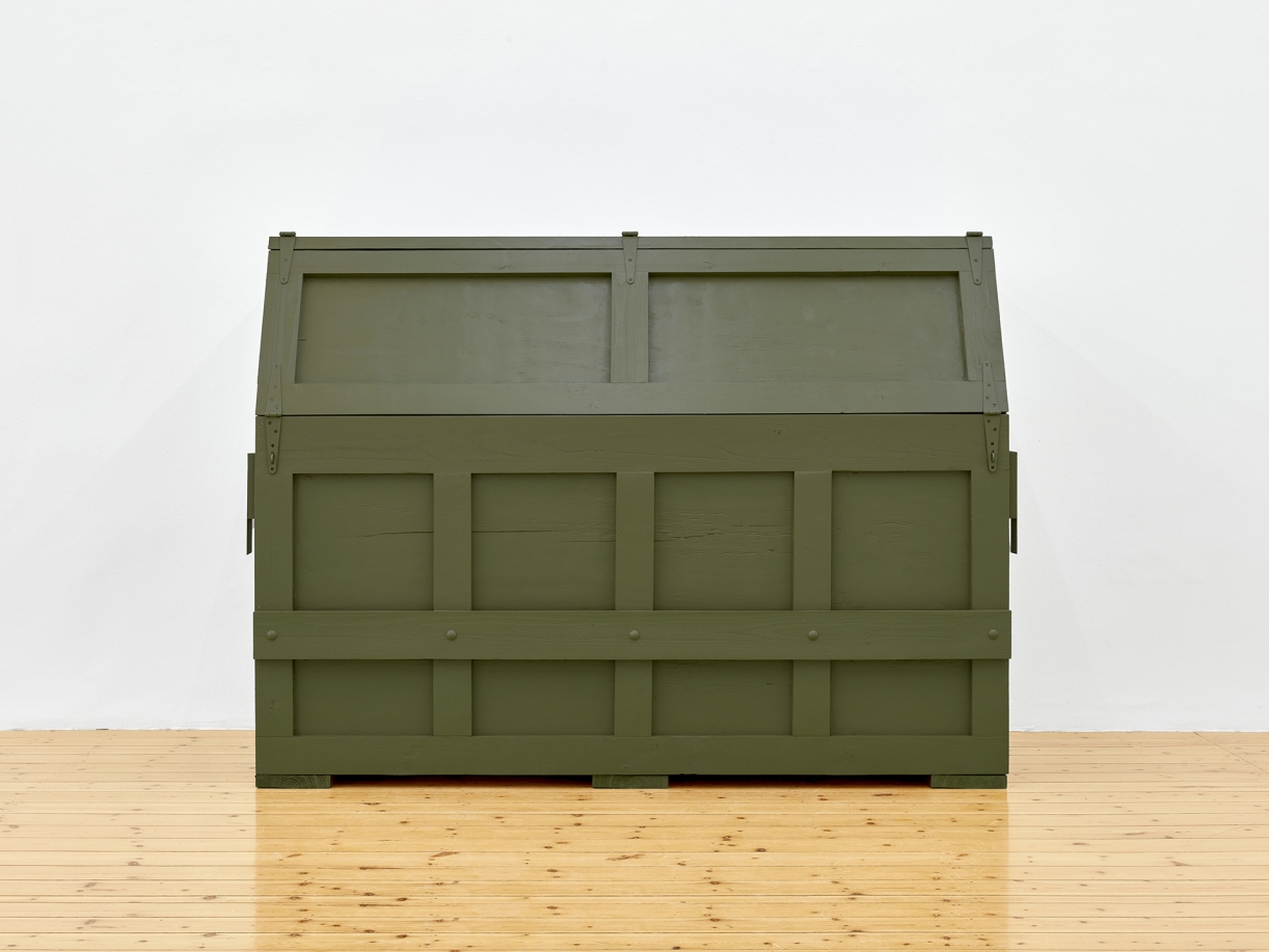 The Relief (Steinway Victory Vertical, 1944), 2025, Steinway Victory Vertical, 1944, piano crate, fiberglass, resin, paint , Piano: 144,5 × 167 × 49 cm, Crate: 121 × 161 × 76 cm, Unique