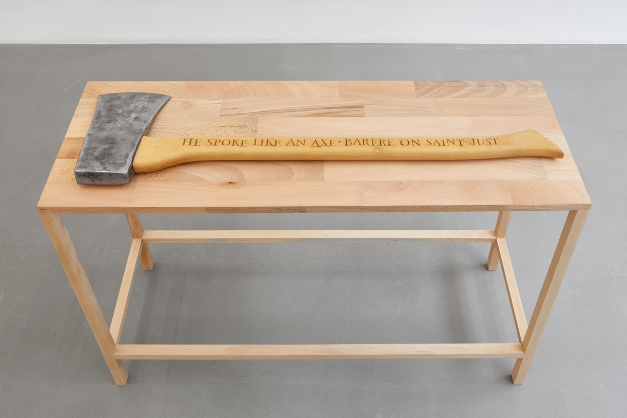 Ian Hamilton Finlay, HE SPOKE LIKE AN AXE, 1985 with John Andrew, Wood, metal, 22 x 87 x 3 cm