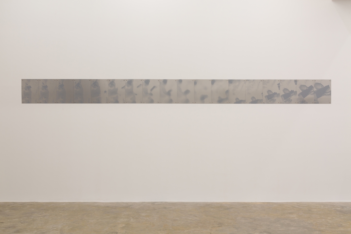 Sung Tieu, Unspeakable Compromise #2, 2025, silk screen on stainless steel, screws, washers 18 parts; 29.7 × 534.6 × 0.2 cm overall, 1 + 1 AP