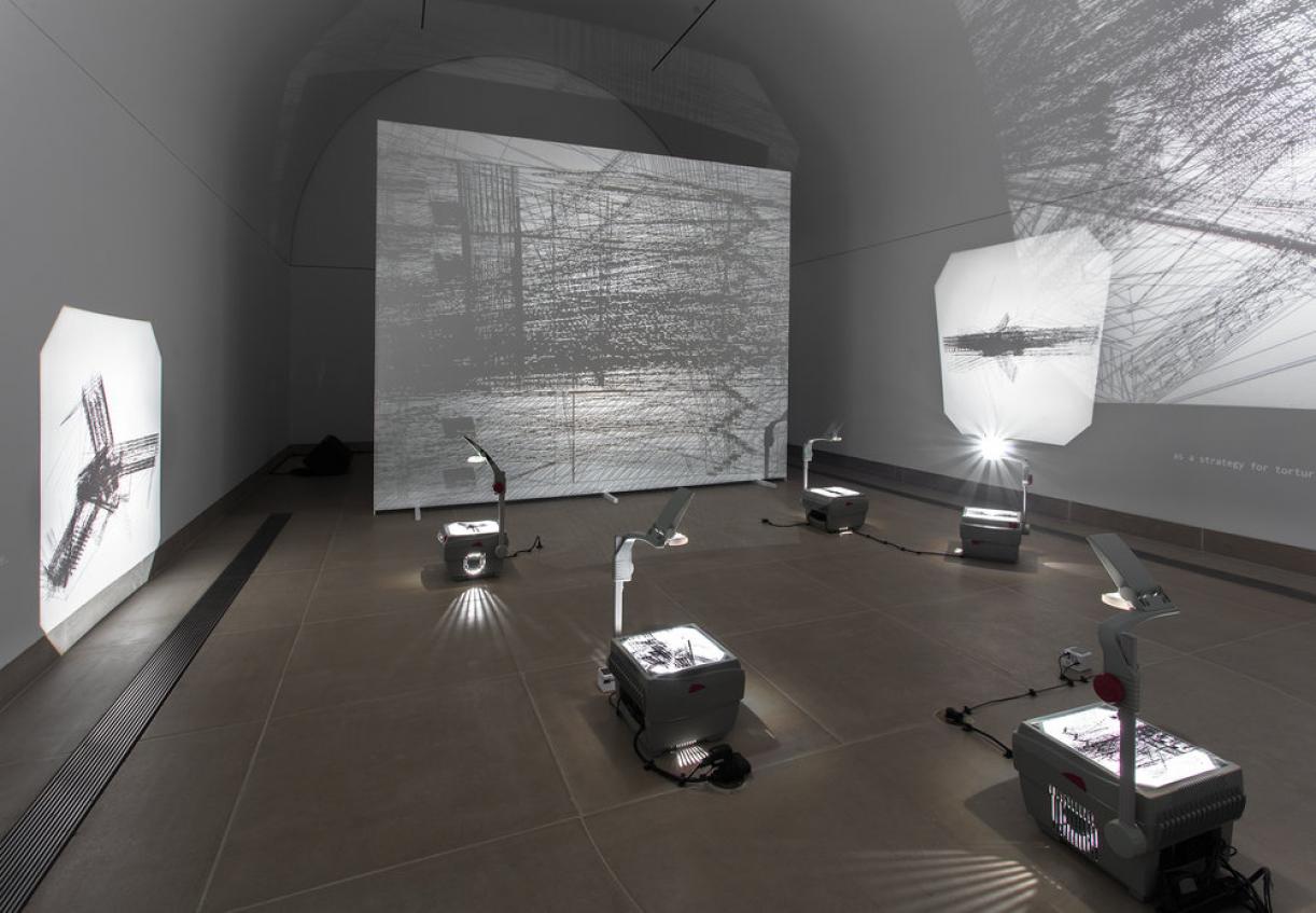 Saydnaya (ray traces), 2017, Installation: 6 inkjet prints on acetate sheets on overhead projectors, Variable dimensions, Ed. 3 + 2 AP, Installation view, Hammer Museum, LA, 2018