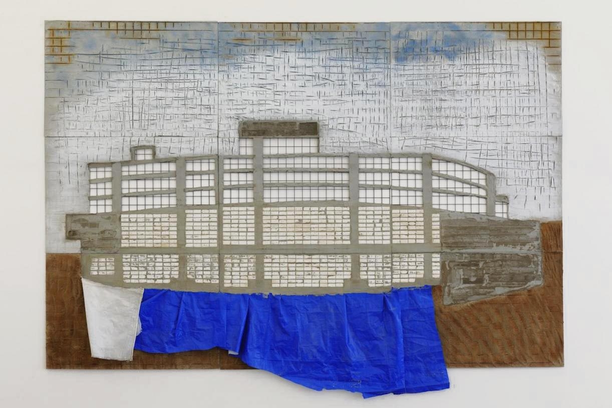 Blue Building, 2015, Concrete, plastic, steel, paint, 240 x 360 x 7 cm; In 9 parts, 80 x 20 x 7 cm each, Unique