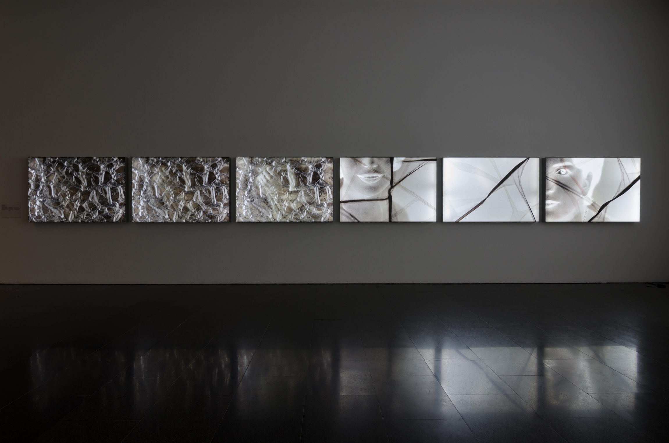 Sculpting With Time, 2017, 6 pigment inkjet prints on backlit UV cloth, 100 x 150 x 10 cm each. Installation view MACBA, Barcelona. © Mirjan Mahmoud_2