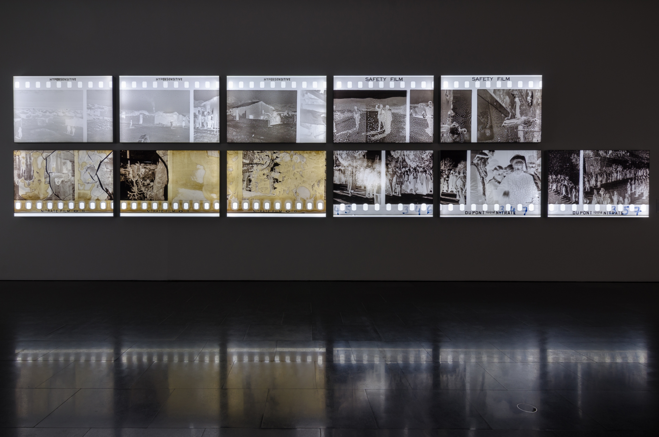 The Body Of Film, 2017, 14 pigment inkjet prints on backlit UV cloth, 100 x 150 x 10 cm each. Installation view MACBA, Barcelona. © Mirjan Mahmoud