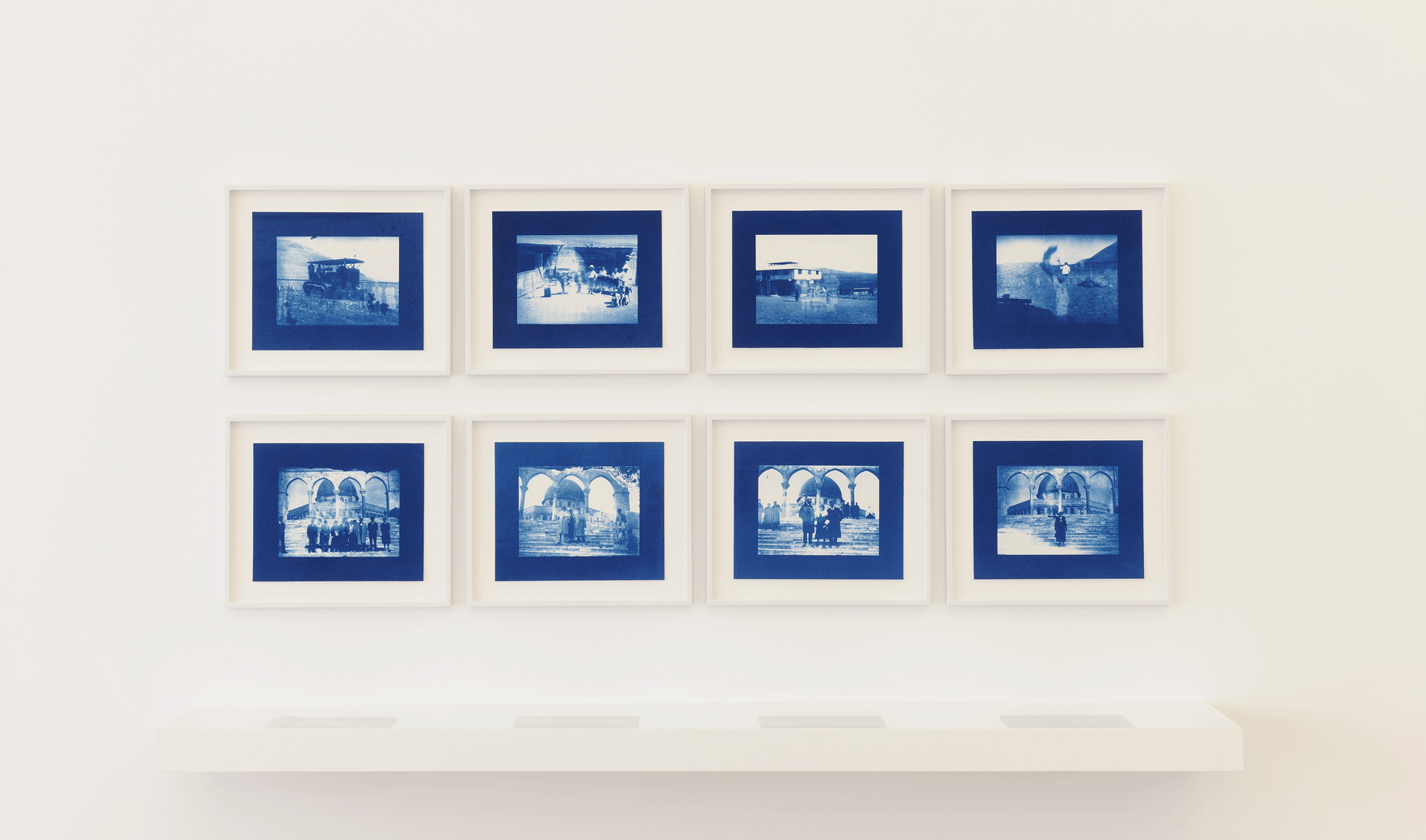 Un-Dividing History, 2017, 4 Pairs of glass plates, 18 x 24 cm each, 8 Cyanotype contact-prints, 18 x 24 cm each. Installation view Sfeir-Semler Gallery, Beirut