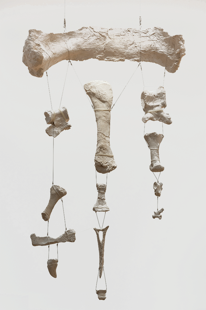 Untitled (mobile of Tazoudasaurus Naimi bone fragements from the Late Early Jurassic Period, Morocco), 2015, plaster, wire, variable dimensions