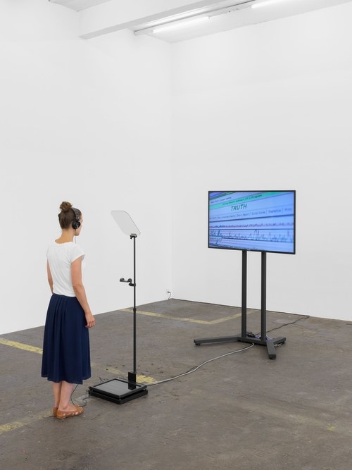 Contra Diction : Speech Against Itself, 2015, Video, teleprompter, Variable dimensions, Ed. 3 + 2 AP. Inﬆallation view Kunﬆ Halle Sankt Gallen, Switzerland, 2015 
