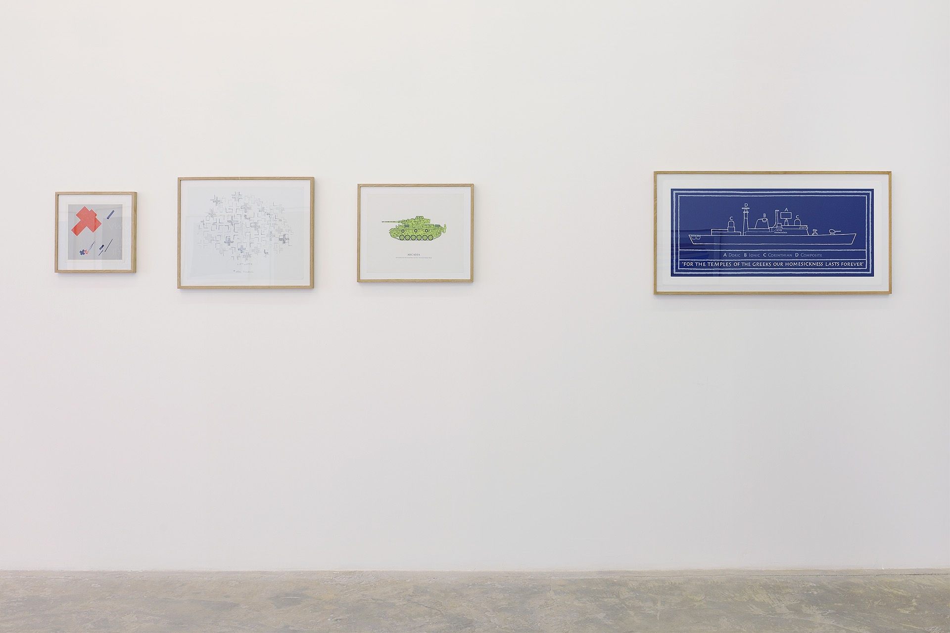 Homage to Malevich, 1974 with Michael Harvey, Lithograph in folder, 28 x 28 cm, Ed. 250; Luftwaffe – after Mondrian, 1976 with Jud Fine, Lithograph, 41.5 x 53 cm, Ed. 250; Arcadia, 1973 with George Oliver, Lithograph, 30.5 x 61 cm, Ed. 250; For the Temples of the Greeks…, 1997 with Michael Harvey, Silkscreen, 47 x 100 cm, Ed. 250