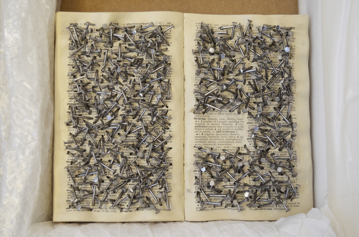 Philistine, 1997, Oxford Desk Dictionary and Thesaurus, nails, 22 x 17.5 x 4 cm