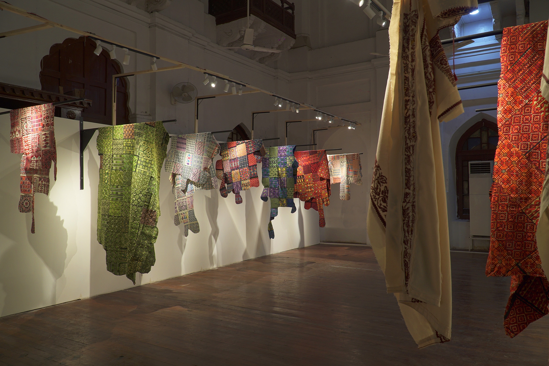 Common Geographies, 2020, Palestinian embroidery, fabric and metal installation, Variable dimensions. New commission by Khalil Rabah at Punjab University, as part of the second edition of Lahore Biennale