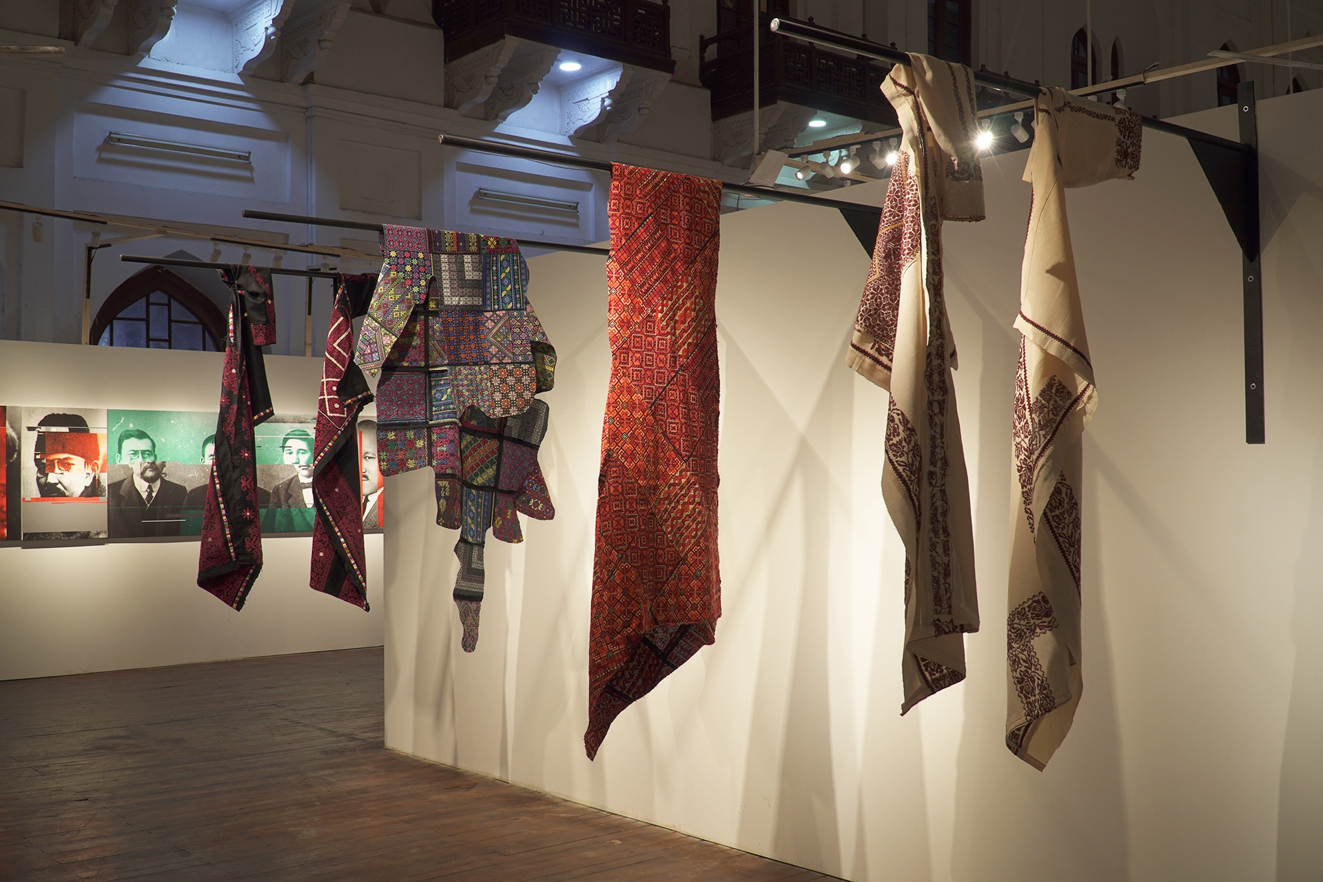 Common Geographies, 2020, Palestinian embroidery, fabric and metal installation, Variable dimensions. New commission by Khalil Rabah at Punjab University, as part of the second edition of Lahore Biennale
