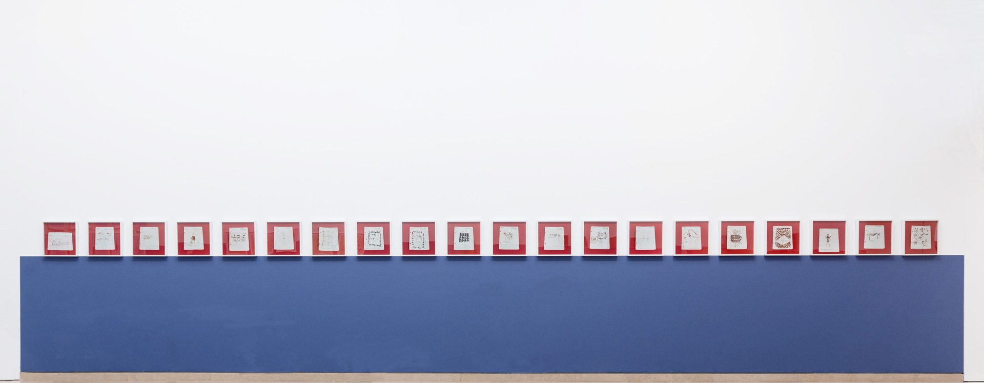 Untitled (Album de dessins indigènes series (album of North African drawings)), 2014-2015, chromogenic print, 40 x 40 cm each. Installation view, Carré d'Art, Nîmes, 2015